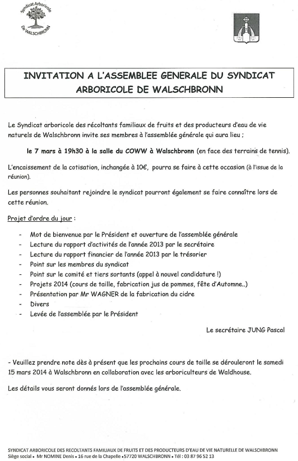 Lettre d'invitation AG syndicat arboricole